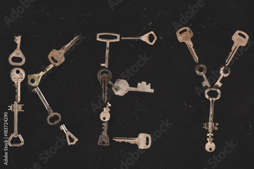 top view of metal keys forming word isolated on black