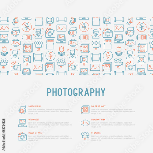 Photography concept with thin line icons of photographer, film, crop, flash, focus, light, panorama. Vector illustration for banner, web page, print media.