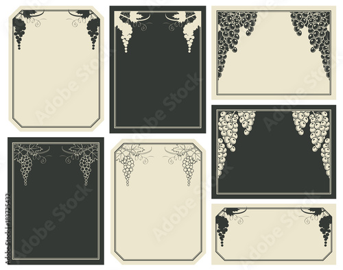Vector set of labels with frames, vines and bunches of grapes in retro style. Background for text with vines.
