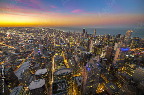 City of Chicago. Aerial view of Chicago downtown at twilight from high above. photo