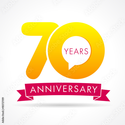 70 years anniversary communication logo. 70th year birthday logotype label, yellow vector number sign and pink ribbon isolated