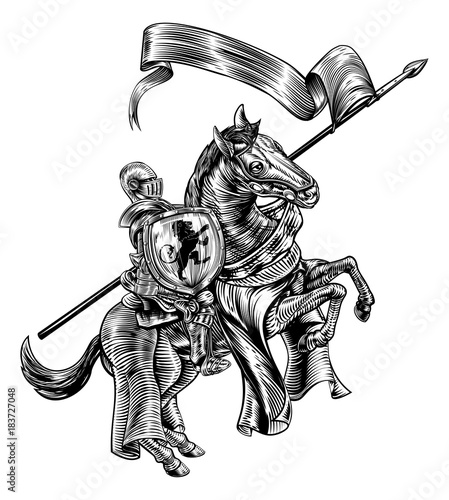 Medieval Knight on Horse Vintage Woodcut Style