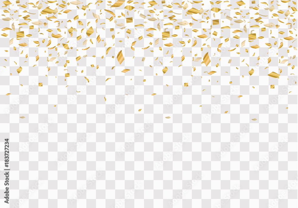 Golden confetti isolated on checkered background. Festive vector illustration - obrazy, fototapety, plakaty 