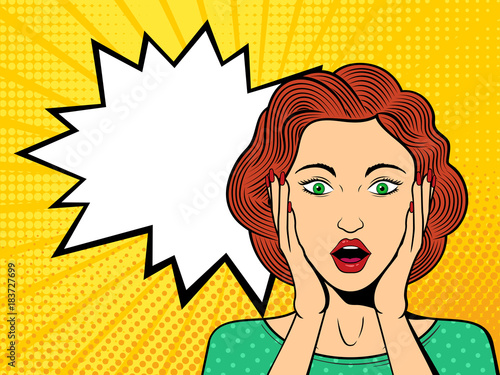 Pop art surprised female face with open mouth. Comic woman with speech bubble. Retro dotted background. Stock vector illustration.