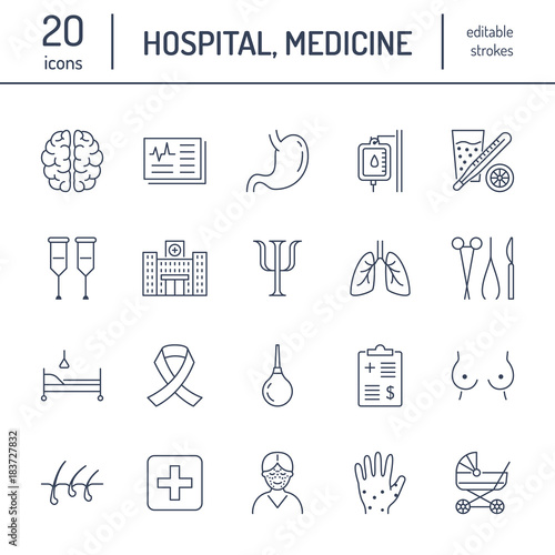 Hospital, medical flat line icons. Human organs, stomach, brain, flu, oncology, plastic surgery, psychology breast cancer Health care clinic thin linear signs