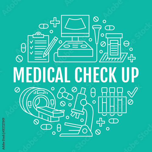Medical check up poster template. Vector flat line icons, illustration of health care center equipment, mri, ultrasound, blood test, microscope. Healthcare, diagnostics clinic banner.