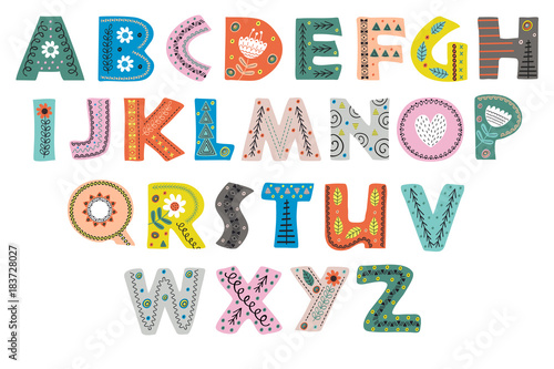 Leinwand Poster decorative alphabet in Scandinavian style color colorful  - vector illustration,