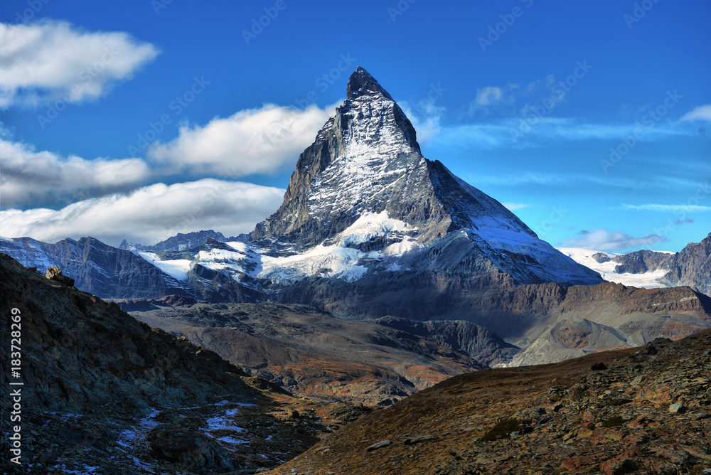 Amazing View of the panorama mountain range near the Matterhorn in the Swiss Alps.