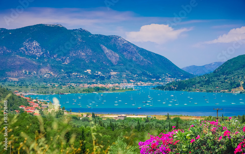 Beautiful panoramic view over Lefkada island with mountain and Ionian sea in Greece