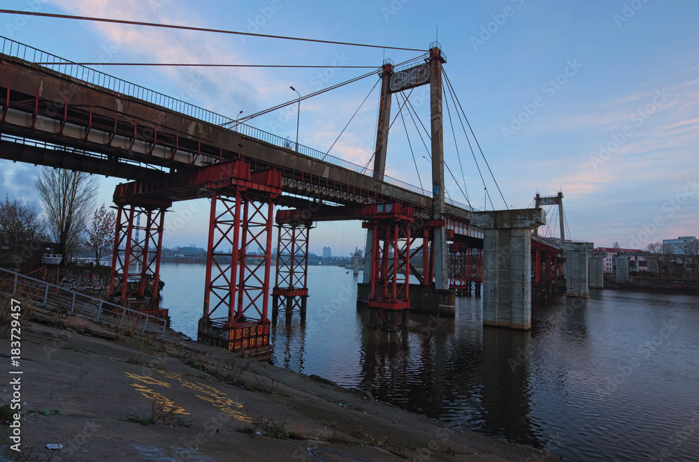 Cable-stayed Rybalskii bridge. Bridge across the harbor of the Dnieper. Opened on September 23, 1963. Was the world's first cable-stayed bridge with reinforced concrete girder. Kyiv, Ukraine