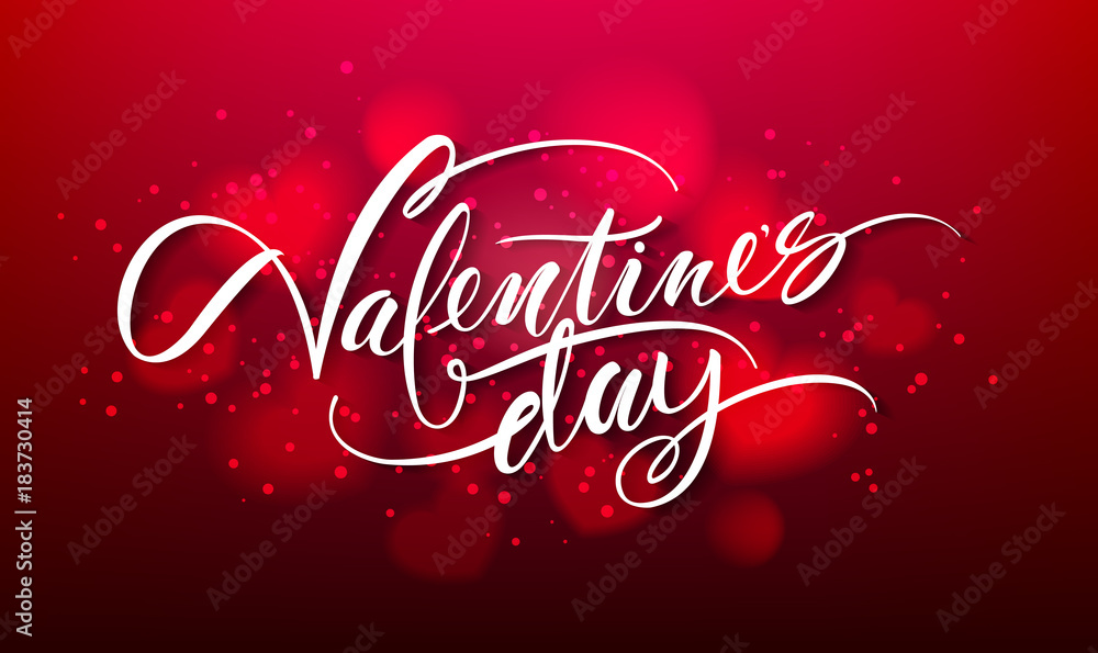 Happy valentines day handwritten text on blurred heart background. Vector illustration EPS10