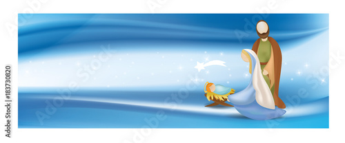 Nativity scene with holy family- web banner on elegant blue background