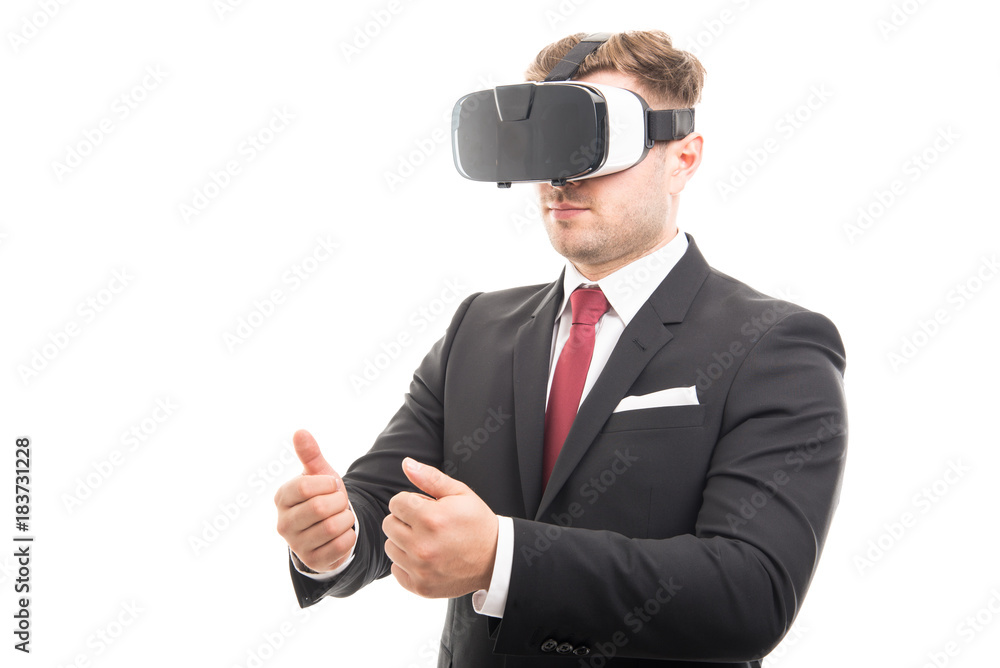 Manager wearing vr goggles gesturing something Manager wearing vr goggles gesturing something