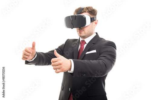 Manager wearing vr goggles gesturing something