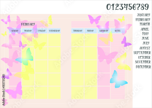 Monthly planner book on the background with butterflies and names of months with numerals