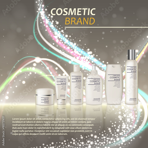 3D realistic cosmetic bottle ads template. Cosmetic brand advertising concept design with glitters and bokeh background