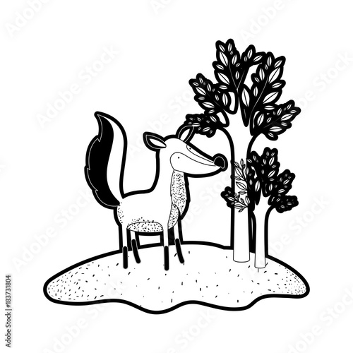 fox cartoon in forest next to the trees in black silhouette with thick contour vector illustration