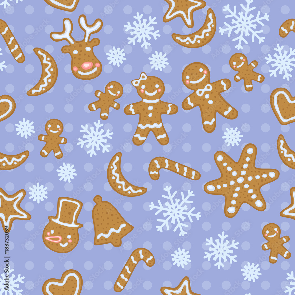 Fototapeta premium Seamless blue Christmas pattern with cute gingerbread men and other cookies. Vector illustration