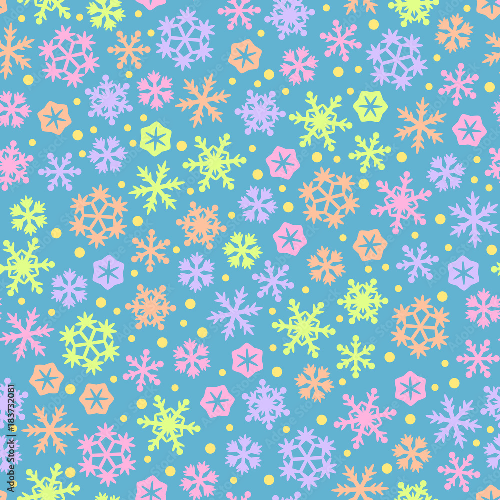 Seamless abstract blue pattern with colorful snowflakes. Vector illustration