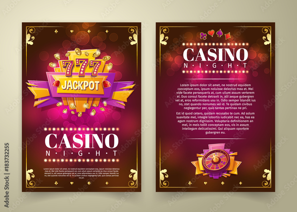 Obraz premium Vector casino flyer, cartoon banner, background with vintage emblem in form of scoreboard slot machine, gaming roulette and space for your text. Poster for advertising casino, night club