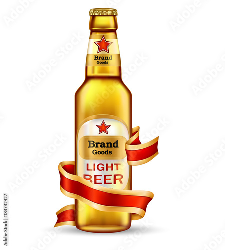 Brand labeled light brown glass bottle with light beer and red ribbon, realistic vector isolated on white background. Template for classic craft beer ad, package design mock up