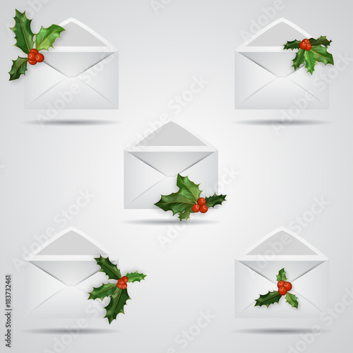 Set of Christmas envelope icons. Open envelope with holly berries photo