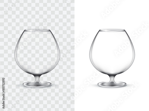 Realistic glasses for alcohol, snifter, vector illustration isolated on white and transparent background. Mock up, template of strong alcoholic drinks, such as cognac, brandy, whiskey