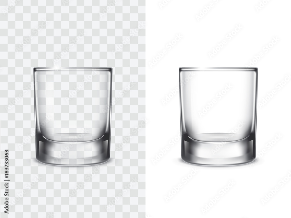 Realistic shot drinking glasses for alcoholic drinks, vector