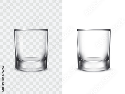 Realistic shot drinking glasses for alcoholic drinks, vector illustration isolated on white and transparent background. Mock up, template of strong alcohol shots, such as vodka, tequila, whiskey
