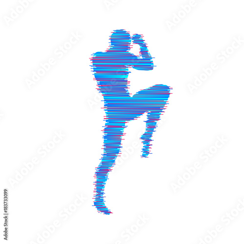 Kickbox fighter preparing to execute a high kick. Silhouette of a fighting man. Design template for sport. Emblem for training. Vector illustration.