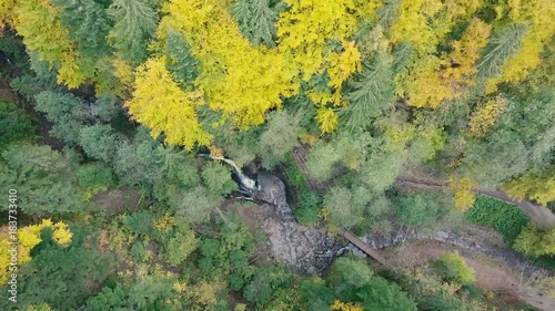 Aerial shoot of beautiful places in carpathian mountains. Waterfall Zhenetskyi Huk , Ukraine photo