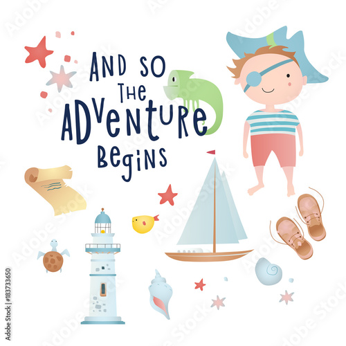 Holiday card design with: pirate, lighthouse, map, iguana, turtle. Time of adventure. 