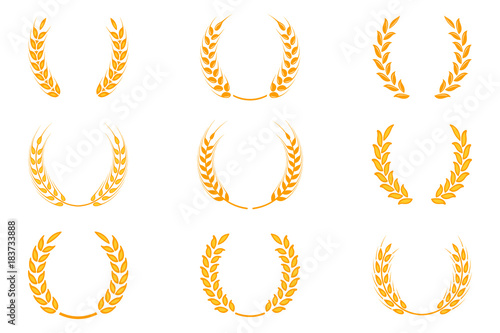 Gold laurel wreath - a symbol of the winner. Wheat ears or rice icons set.