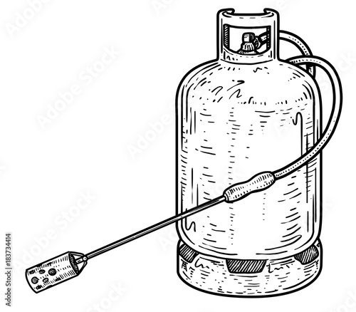Gas bottle burner to pig slaughter illustration, drawing, engraving, ink, line art, vector