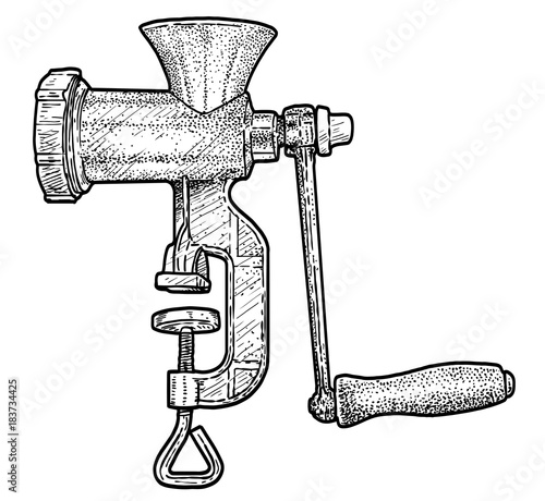 Meat grinder illustration, drawing, engraving, ink, line art, vector