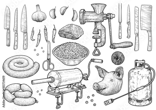 Slaughter ceremony tools illustration, drawing, engraving, ink, line art, vector