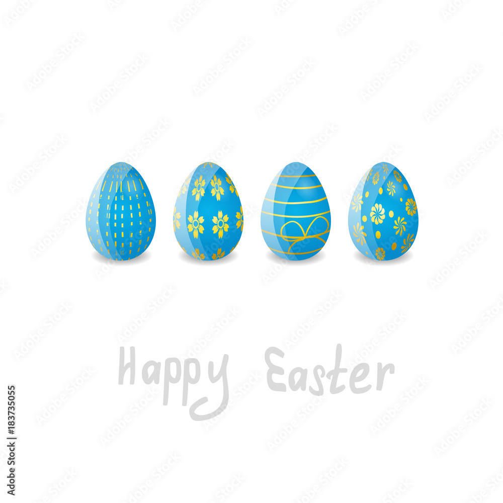 a row of blue Easter eggs with golden patterns on the white background a row of blue Easter eggs with golden patterns on the white background