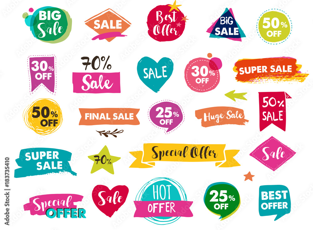 Super Sale labels, modern hand drawn stickers and tags