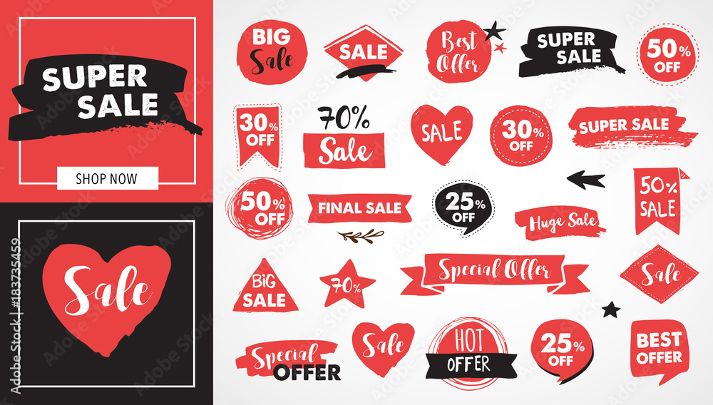 Super Sale labels, red modern hand drawn stickers and tags