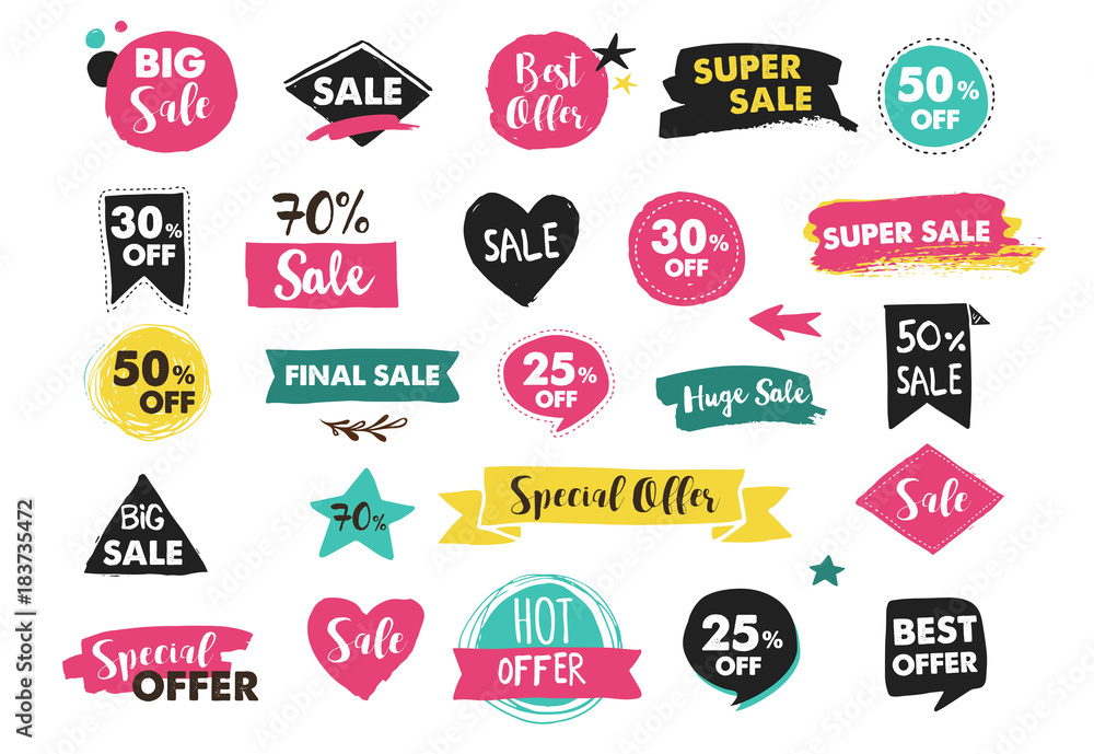 Super Sale labels, modern hand drawn stickers and tags
