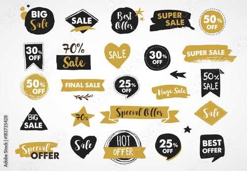 Super Sale labels, gold and black modern hand drawn stickers and tags
