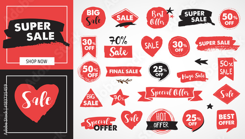 Super Sale labels, red modern hand drawn stickers and tags