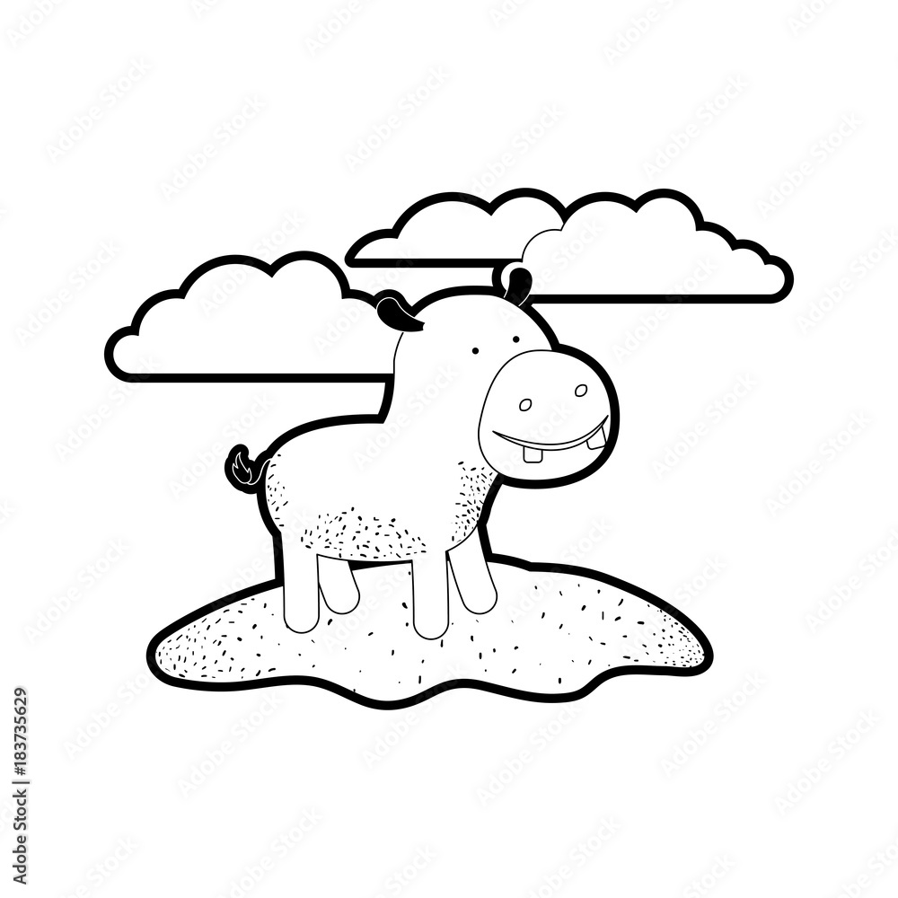 hippopotamus cartoon in outdoor scene with clouds in black silhouette with thick contour vector illustration hippopotamus cartoon in outdoor scene with clouds in black silhouette with thick contour vector illustration