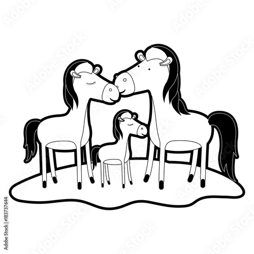 horses couple and foal over grass with black sections silhouette and thick contour vector illustration