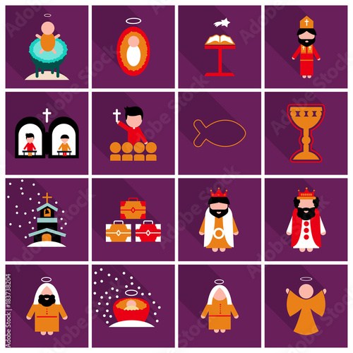 Merry Christmas set of flat icons . Birth of Christ illustration background concept.