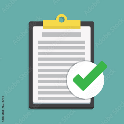 Compliance inspection approved. Clipboard with document in a flat design