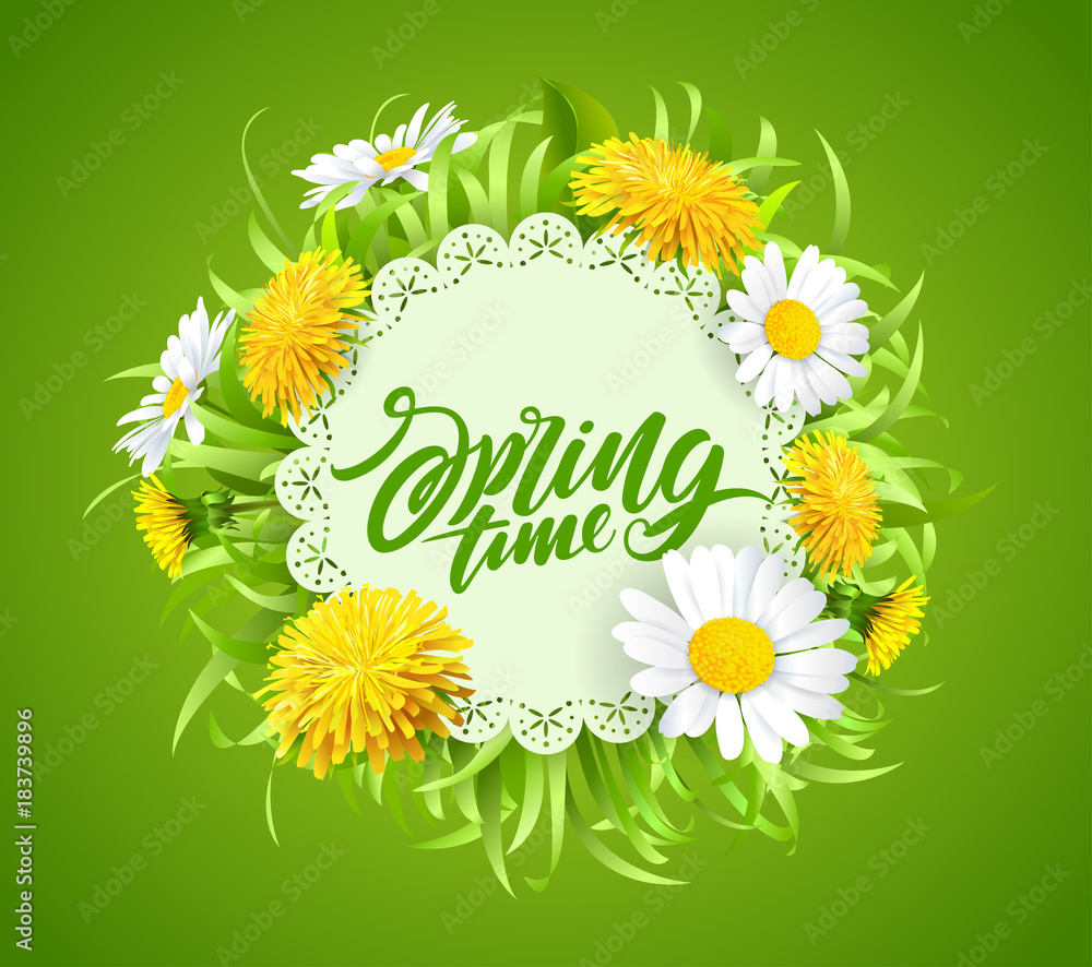 Inscription Spring Time on background with beautiful spring flowers Inscription Spring Time on background with beautiful spring flowers
