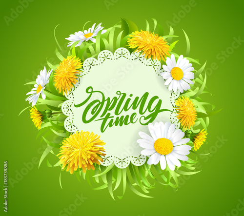 Inscription Spring Time on background with beautiful spring flowers