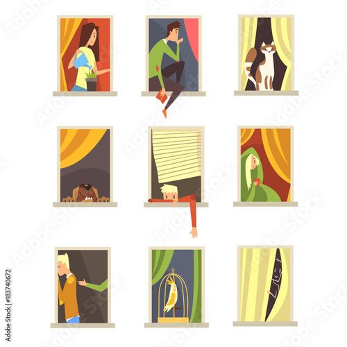 People in windows set, different situations in city building windows cartoon vector Illustrations