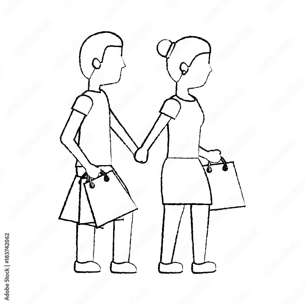 couple walking with shopping paper bag vector illustration sketch